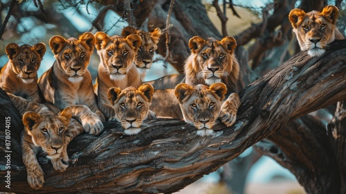  A pair of lions each atop a tree branch..Or:..Two groups of lions, one on each tree branch