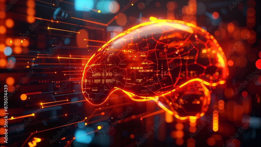 Obraz premium A glowing neon-red representation of a human brain with a digital network and circuitry in the background, showcasing a blend of technology and biological elements.