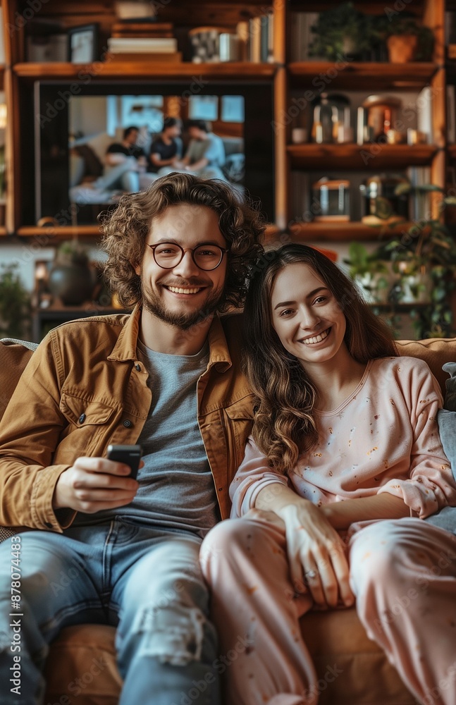 A joyful couple on a sofa at home, holding a remote, watching television together A joyful couple on a sofa at home, holding a remote, watching television together