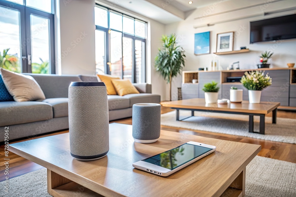 Modern living room interior with a smartphone on a coffee table controlling a smart speaker, surrounded by sleek devices, showcasing seamless technology integration. Modern living room interior with a smartphone on a coffee table controlling a smart speaker, surrounded by sleek devices, showcasing seamless technology integration.