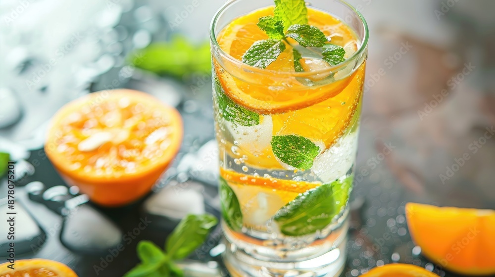 Fresh Citrus Beverage with Mint and Orange in Glass Selective Focus Fresh Citrus Beverage with Mint and Orange in Glass Selective Focus