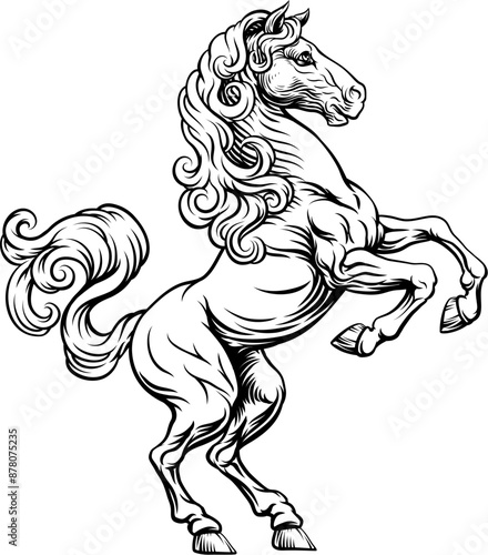 A horse animal for a crest in rampant pose. Heraldic coat of arms heraldry design element in a vintage illustration style.
