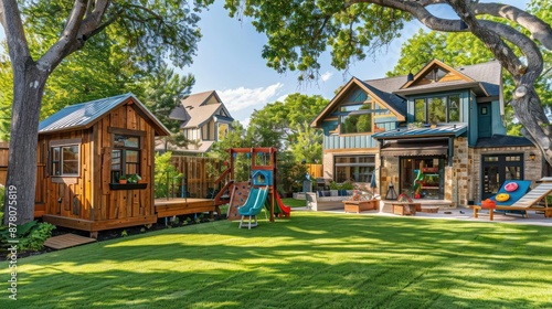 Ranch home with a backyard that includes a large, custom-built playhouse for kids, designed to match the home's architecture