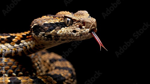  A tight shot of a snake with its mouth agape and tongued in photo