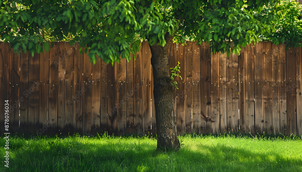 Fototapeta premium Wooden fence, tree and green grass outdoors