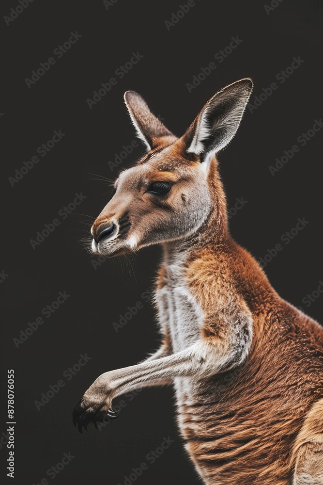 Fototapeta premium A tight shot of a kangaroo with front paws lifted and mouth agape
