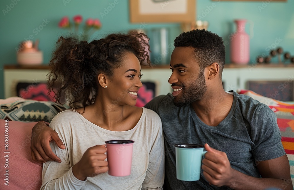 Happy young couple in casual sitting on a sofa at home, holding coffee mugs, gazing lovingly Happy young couple in casual sitting on a sofa at home, holding coffee mugs, gazing lovingly