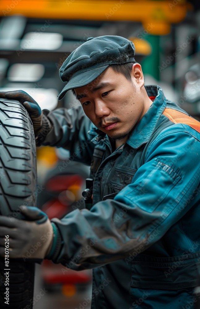 An Asian mechanic swiftly replaces a car tire in a bustling garage An Asian mechanic swiftly replaces a car tire in a bustling garage