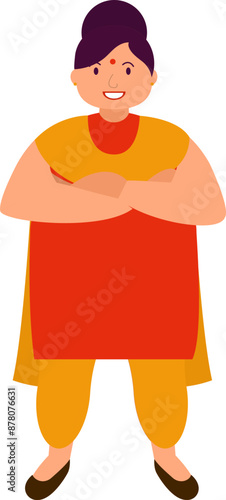 Cute Cartoon Indian Overweight Woman Standing with Fold Hands in Salwar Suit (Traditional Clothes) Vector Illustration.
