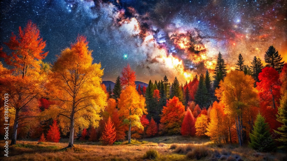 Fototapeta premium Vibrant autumn hues illuminate a serene forest landscape under a starry night sky, with trees ablaze in golden, crimson, and amber glory.