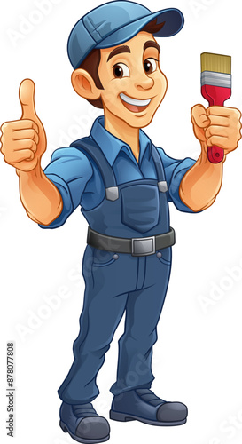 A painter decorator handyman cartoon construction man mascot character holding a paint brush tool