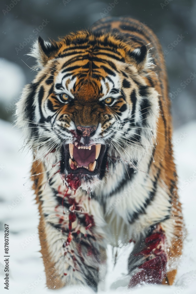 A tiger with its mouth open, full of blood A tiger with its mouth open, full of blood