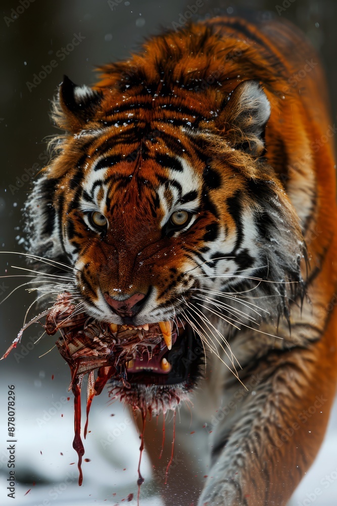Naklejka premium A tight shot of a tiger taking a bite of food with its mouth open widely