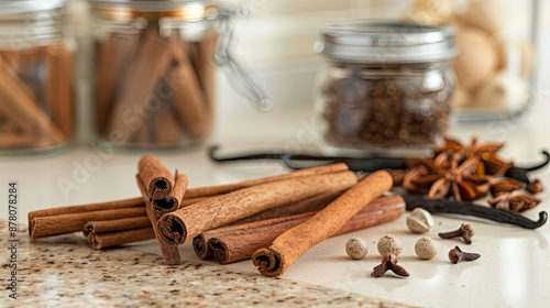 Fototapeta Naklejka Na Ścianę i Meble -  Close-up of cinnamon sticks, vanilla beans, and other baking spices arranged on a kitchen countertop.