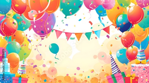 Banner with a celebration theme Sweet pink and blue balloons confetti and streamers on a light backg
