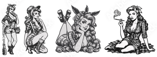 collection of pin-up redneck girl drawings black and white vector
