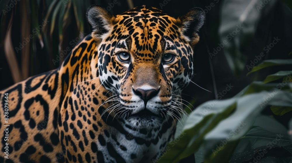 A tight shot of a leopard's face against a verdant, leafy backdrop in the jungle A tight shot of a leopard's face against a verdant, leafy backdrop in the jungle