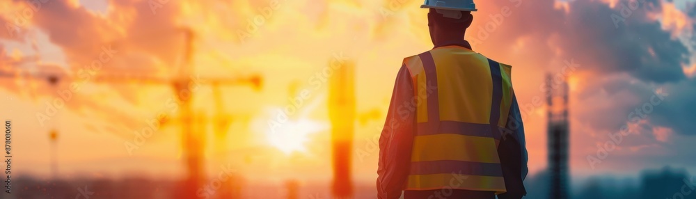 A construction supervisor wearing a reflective vest and helmet observes the construction site against a vibrant sunset. A construction supervisor wearing a reflective vest and helmet observes the construction site against a vibrant sunset.