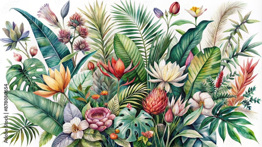 Fototapeta premium Delicate watercolor flowers and leaves intertwined in a whimsical botanical composition featuring exotic and forest species on a soft background.