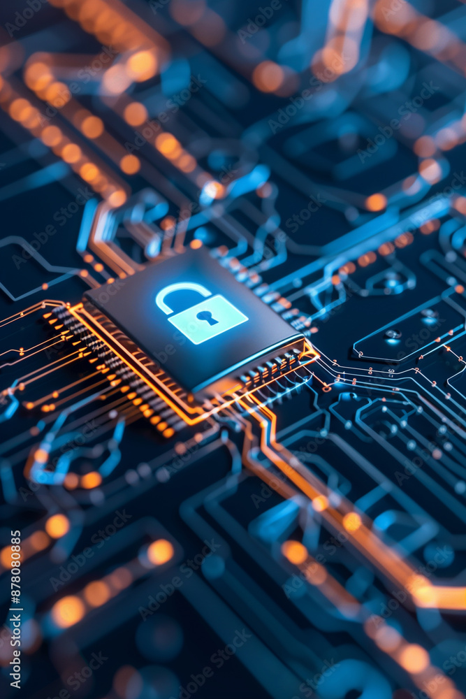 Close-up of a glowing lock icon on a digital circuit board, representing secure technology and cybersecurity. Close-up of a glowing lock icon on a digital circuit board, representing secure technology and cybersecurity.