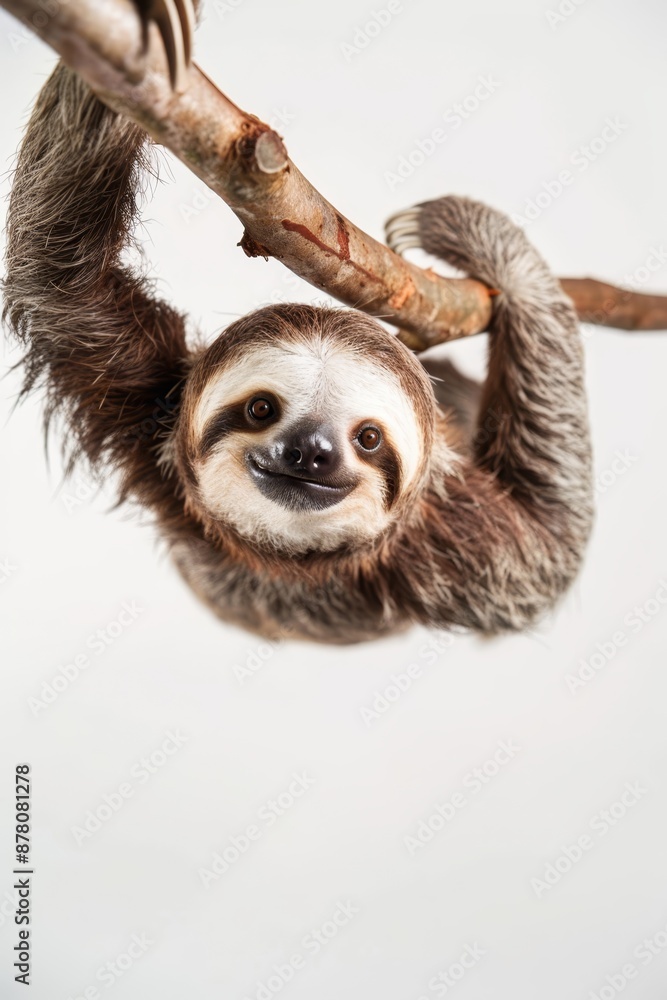 A three-toed sloth hangs upside down from a tree branch, its mouth agape and tongue extended A three-toed sloth hangs upside down from a tree branch, its mouth agape and tongue extended