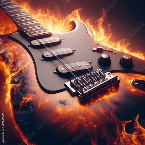 A black electric guitar burns with fiery rage photo