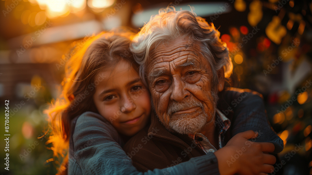 A granddaughter is hugging her grandfather against the backdrop of a sunset. Their faces express warmth and closeness, with the background adorned by blurred golden reflections of the evening light. A granddaughter is hugging her grandfather against the backdrop of a sunset. Their faces express warmth and closeness, with the background adorned by blurred golden reflections of the evening light.