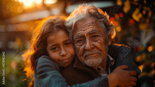 A granddaughter is hugging her grandfather against the backdrop of a sunset. Their faces express warmth and closeness, with the background adorned by blurred golden reflections of the evening light.