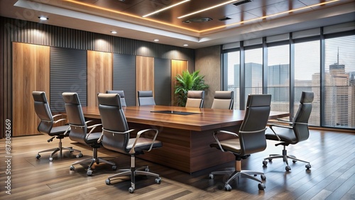 Modern conference room interior with sleek wooden podium, gray walls, and vacant black chairs arranged around a glossy table. © DigitalArt Max
