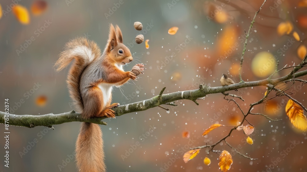 A squirrel perched on a tree branch, adjacent to one laden with leaves and nuts cascading down A squirrel perched on a tree branch, adjacent to one laden with leaves and nuts cascading down