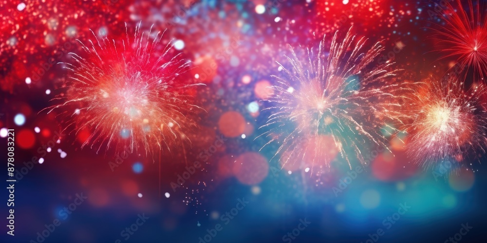 Fototapeta premium Fireworks Display in the Night Sky,Happy New Year, Beautiful creative holiday background with fireworks and Sparkling