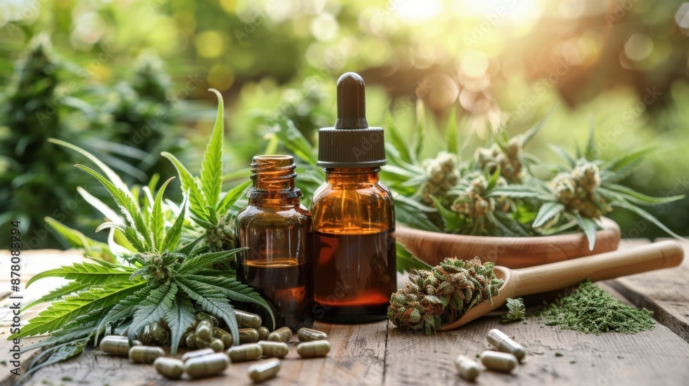 Sunlit cannabis array: oil in a bottle, dried buds, and leaves on wooden surface. Showcase of diverse cannabis forms and uses.
Sunlit cannabis array: oil in a bottle, dried buds, and leaves on wooden surface. Showcase of diverse cannabis forms and uses.