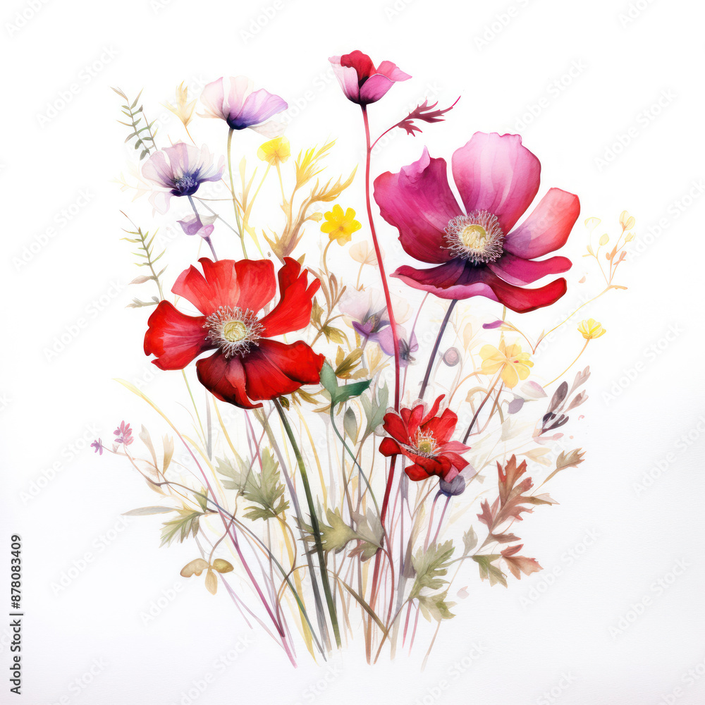 bouquet of flowers on white, bouquet of flowers, wathercolor wild flower bouquet of flowers on white, bouquet of flowers, wathercolor wild flower