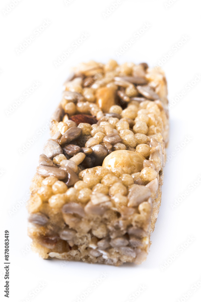 Healthy Muesli bars with nuts and seeds isolated on white background Healthy Muesli bars with nuts and seeds isolated on white background