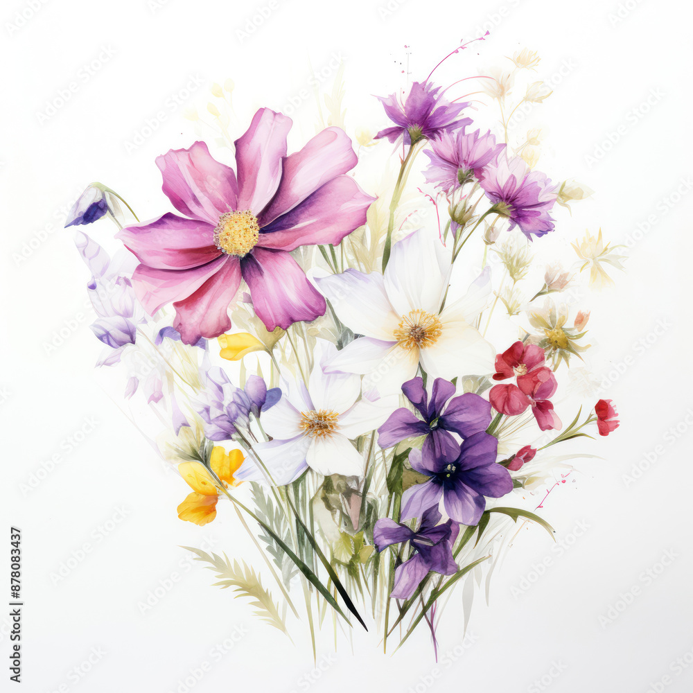 bouquet of flowers on white, bouquet of flowers, wathercolor wild flower bouquet of flowers on white, bouquet of flowers, wathercolor wild flower