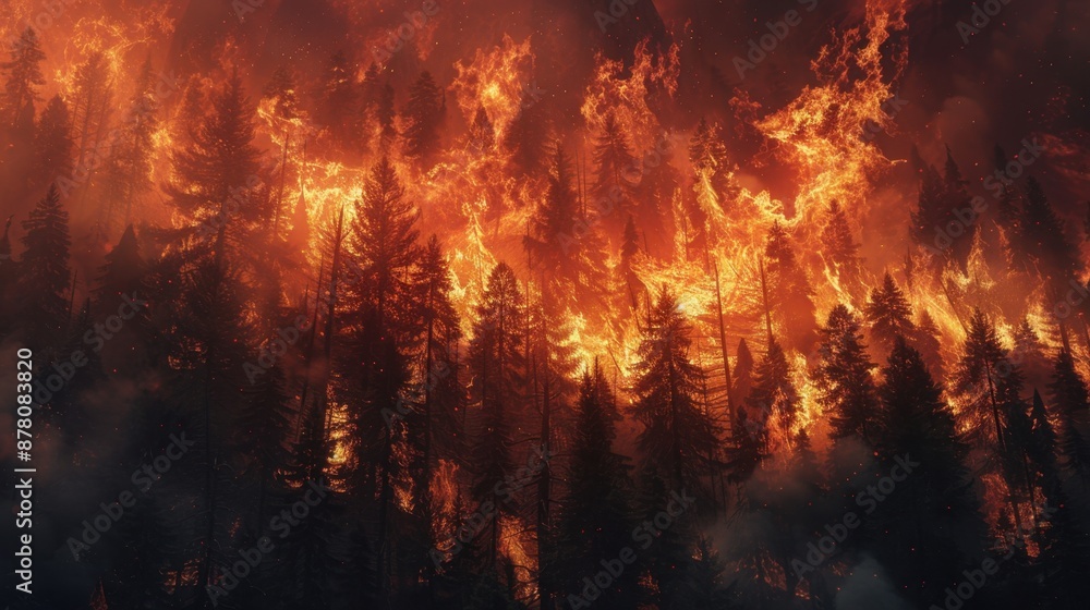 A forest engulfed in a large, intense wildfire, with tall trees surrounded by towering flames and thick smoke, illustrating the devastating impact of wildfires on nature.
A forest engulfed in a large, intense wildfire, with tall trees surrounded by towering flames and thick smoke, illustrating the devastating impact of wildfires on nature.