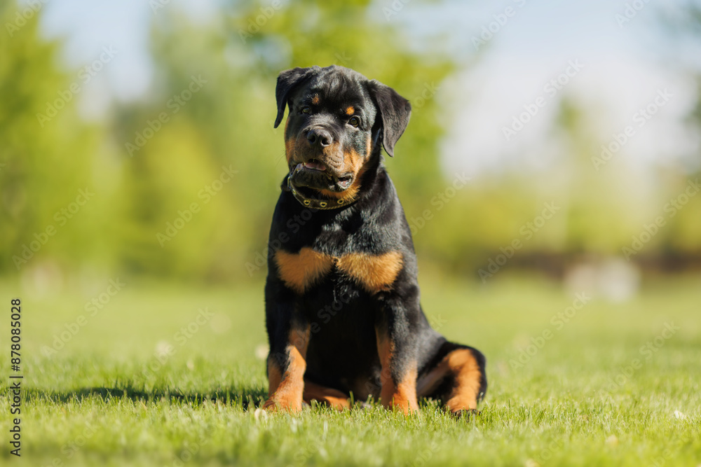 funny rottweiler puppy outdoors in summer funny rottweiler puppy outdoors in summer