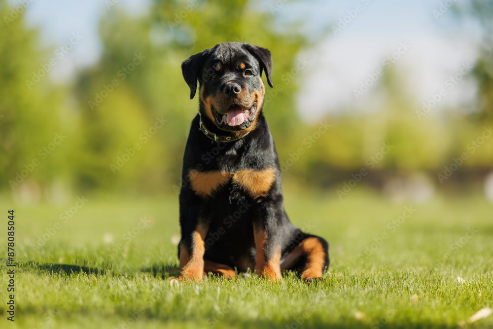 funny rottweiler puppy outdoors in summer funny rottweiler puppy outdoors in summer