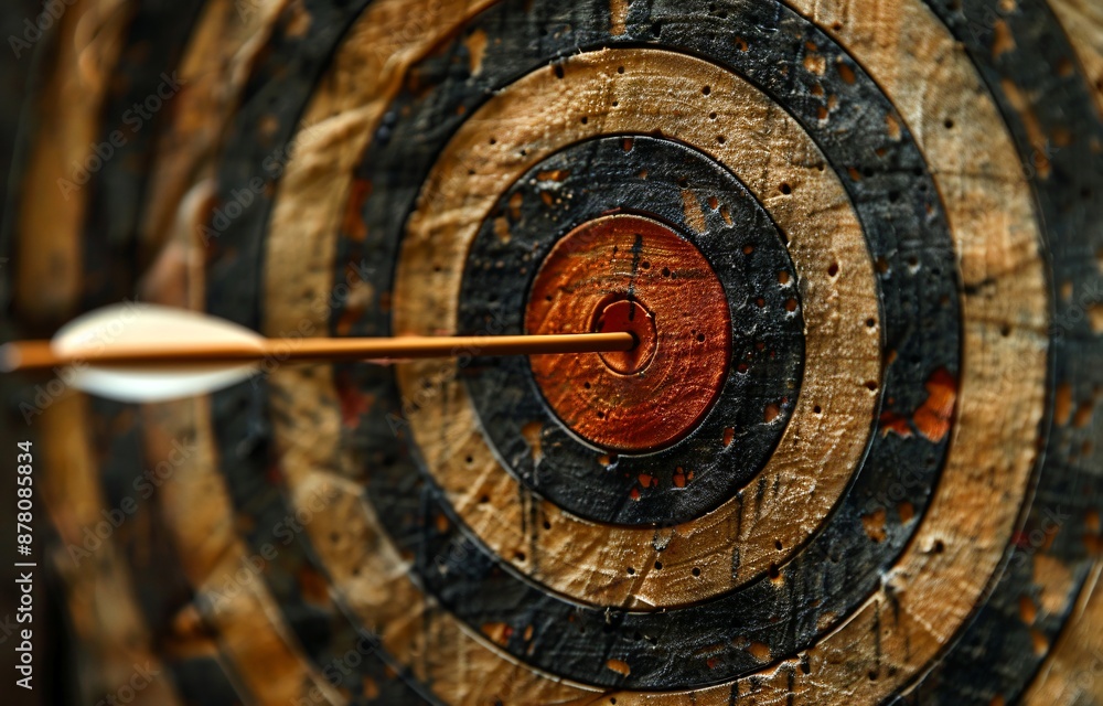 Precision Hit: Dart Strikes Bullseye on Well-Used Dartboard Precision Hit: Dart Strikes Bullseye on Well-Used Dartboard