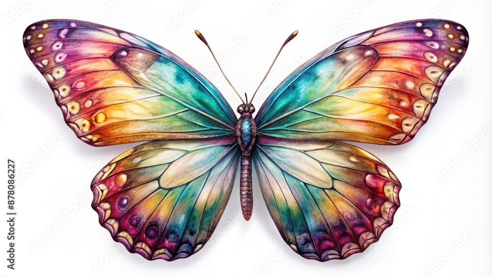 Delicate, colorful butterfly with intricate wings and slender body perched on a clean, pure white background, evoking serenity and beauty. Delicate, colorful butterfly with intricate wings and slender body perched on a clean, pure white background, evoking serenity and beauty.