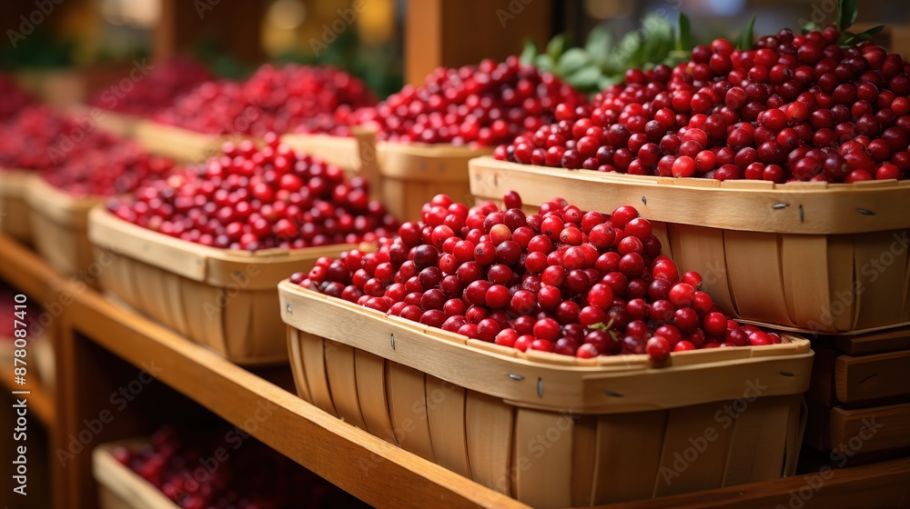 Baskets filled with fresh cranberries on display at a market. Baskets filled with fresh cranberries on display at a market.