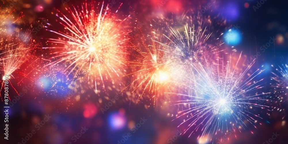 Fototapeta premium Colorful Fireworks Display,Happy New Year, Beautiful creative holiday background with fireworks and Sparkling