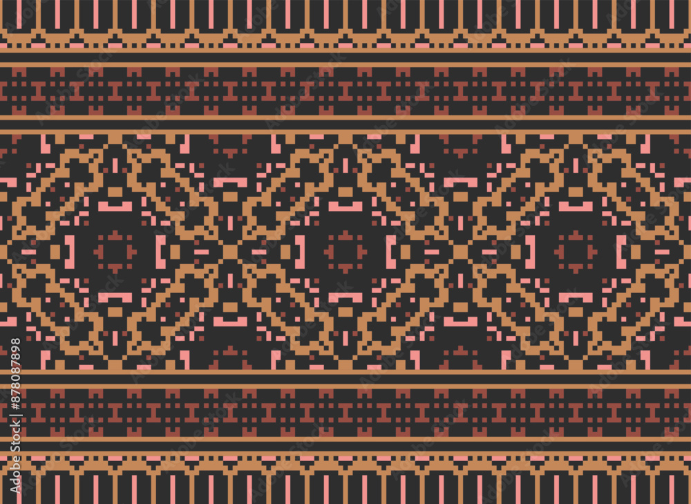 Traditional ethnic motifs ikat geometric fabric pattern cross stitch.Ikat embroidery Ethnic oriental Pixel brown background. Abstract,vector,illustration. Traditional ethnic motifs ikat geometric fabric pattern cross stitch.Ikat embroidery Ethnic oriental Pixel brown background. Abstract,vector,illustration.