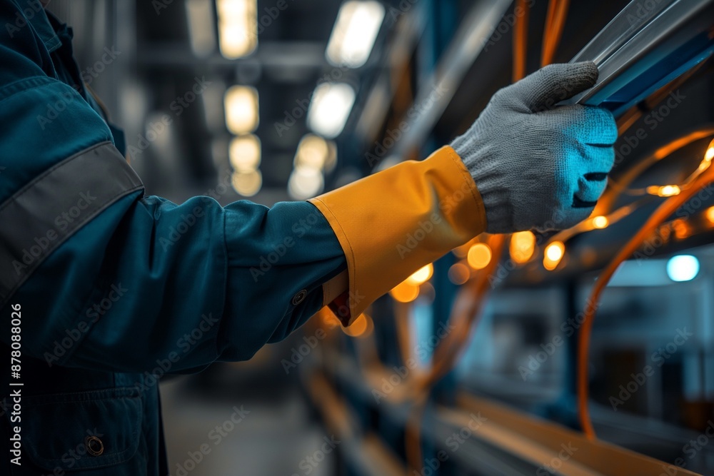 Electrician with gloves adjusting electrical wires. Perfect for technical, industrial, and safety themes. Electrician with gloves adjusting electrical wires. Perfect for technical, industrial, and safety themes.