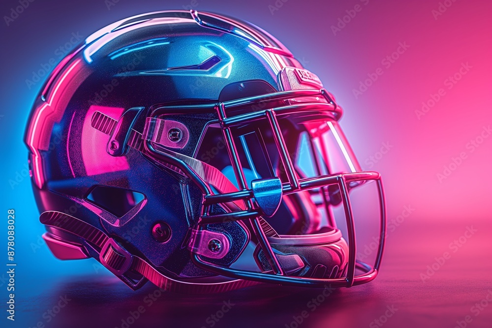 American football helmet with blue and pink neon lighting. Ideal for sports and futuristic themes. American football helmet with blue and pink neon lighting. Ideal for sports and futuristic themes.
