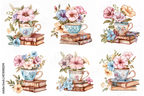 set, illustration cup, book and flowers, Bridgerton style photo