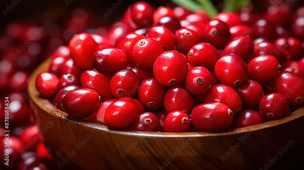 Wooden bowl filled with fresh, ripe cranberries. The vibrant red color of the cranberries contrasts with the natural brown of the wooden bowl, creating a visually appealing image. Wooden bowl filled with fresh, ripe cranberries. The vibrant red color of the cranberries contrasts with the natural brown of the wooden bowl, creating a visually appealing image.