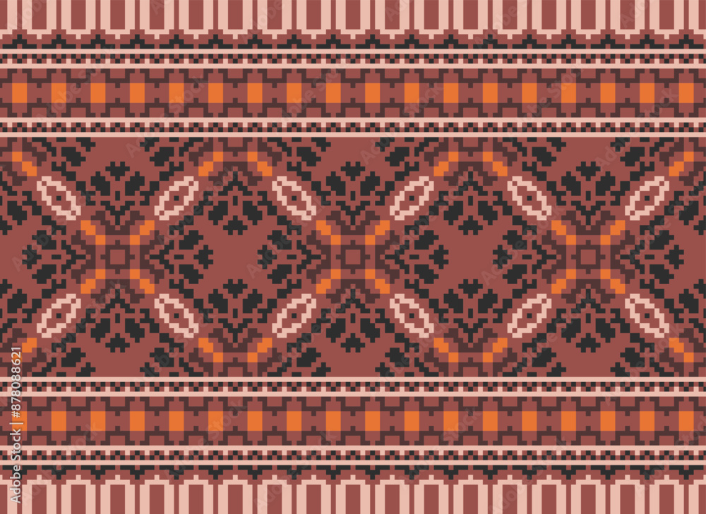 Traditional ethnic motifs ikat geometric fabric pattern cross stitch.Ikat embroidery Ethnic oriental Pixel brown background. Abstract,vector,illustration. Traditional ethnic motifs ikat geometric fabric pattern cross stitch.Ikat embroidery Ethnic oriental Pixel brown background. Abstract,vector,illustration.