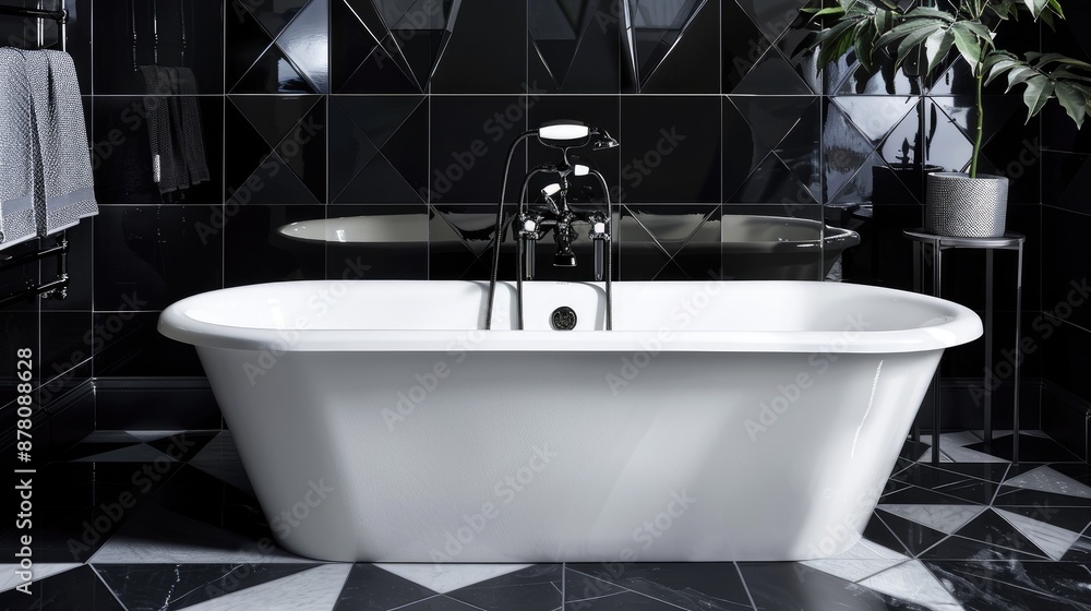 Fototapeta premium A black and white themed bathroom with geometric black tiles, a white bathtub, and black faucets