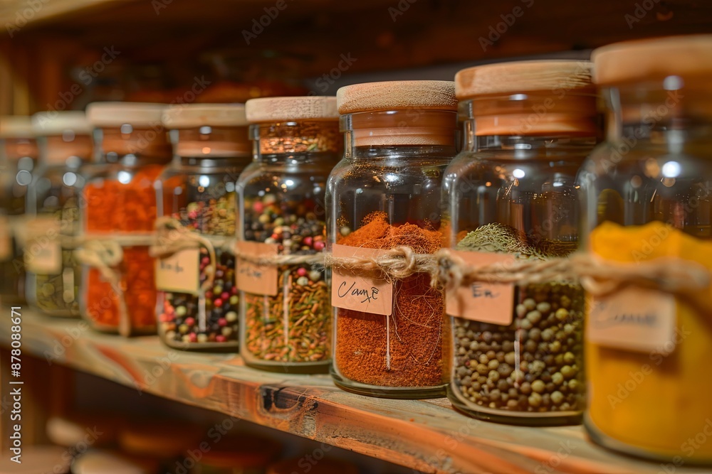 A row of glass jars filled with various spices neatly arranged on a wooden shelf. Each jar has a label with the name of the spice, such as paprika, turmeric, cumin, and oregano. A row of glass jars filled with various spices neatly arranged on a wooden shelf. Each jar has a label with the name of the spice, such as paprika, turmeric, cumin, and oregano.